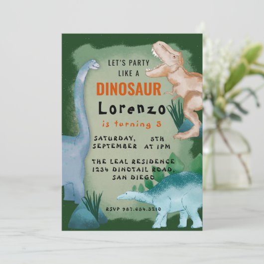 Kinder Dinosaurus Thema Verjaardagsfeest Kaart (Staand voorkant)