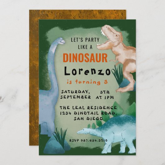 Kinder Dinosaurus Thema Verjaardagsfeest Kaart (Voorkant / Achterkant)