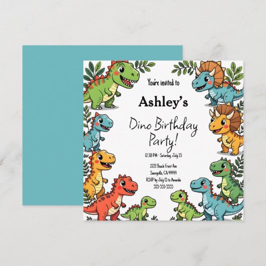 Kinder Dinosaurus Verjaardagsfeestje Kaart (Voorkant / Achterkant)