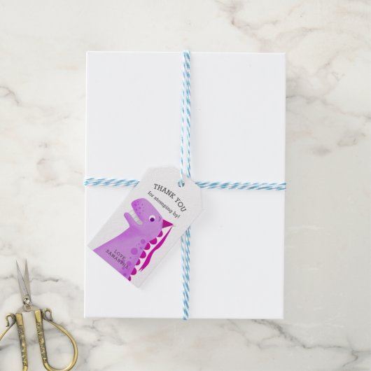 Kinder Dinosaurus Verjaardagsfeestje Roze Dank u Cadeaulabel (Met Touw)