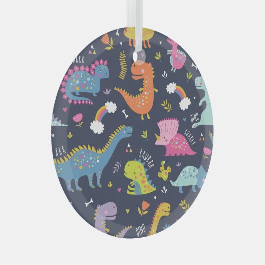 Kinder dinosaurussen: kleurrijk patroon glas ornament (Voorkant Rechts)