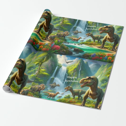 Kinder Dinosaurussen Oerwoud Print Cadeaupapier (Uitgerold)