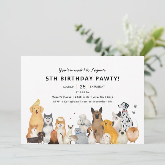 Kinder Dog Puppy 5th Pawty Birthday Party Invitati Kaart (Staand voorkant)