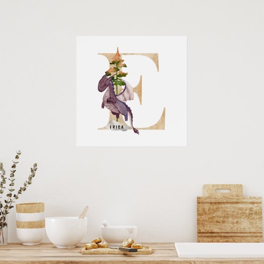Kinder Dragon Custom Naam Monogram E Kwekerij Kame Poster (Keuken)