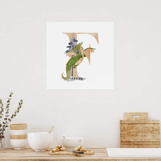 Kinder Dragon Custom Naam Monogram F Kwekerij Kame Poster (Keuken)
