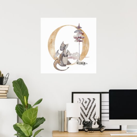 Kinder Dragon Custom Naam Monogram O Kwekerij Kame Poster (Thuiskantoor)