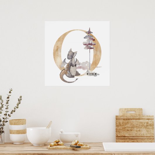 Kinder Dragon Custom Naam Monogram O Kwekerij Kame Poster (Keuken)