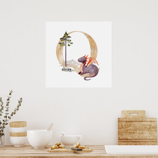 Kinder Dragon Custom Naam Monogram Q Nursery Room Poster (Keuken)