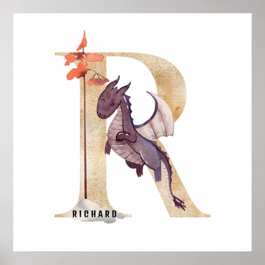 Kinder Dragon Custom Naam Monogram R Kwekerij Kame Poster (Voorkant)