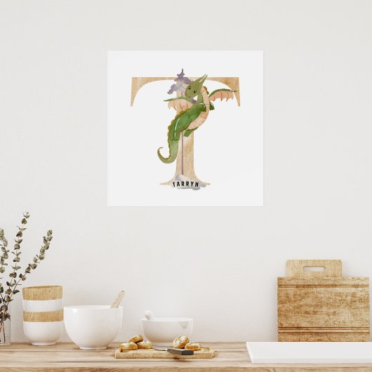 Kinder Dragon Custom Naam Monogram T Kwekerij Kame Poster (Keuken)