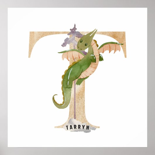 Kinder Dragon Custom Naam Monogram T Kwekerij Kame Poster (Voorkant)