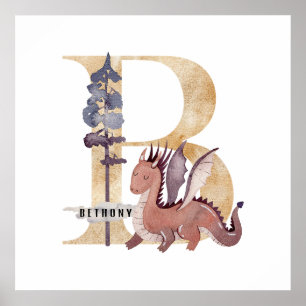 Kinder Dragon Custom Name Monogram B Nursery Room Poster