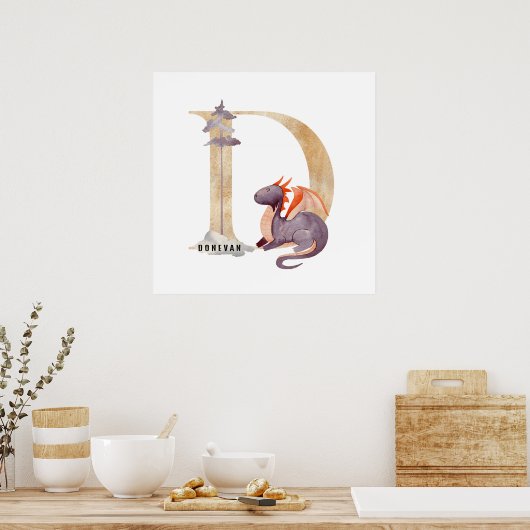 Kinder Dragon Custom Name Monogram D Nursery Room Poster (Keuken)