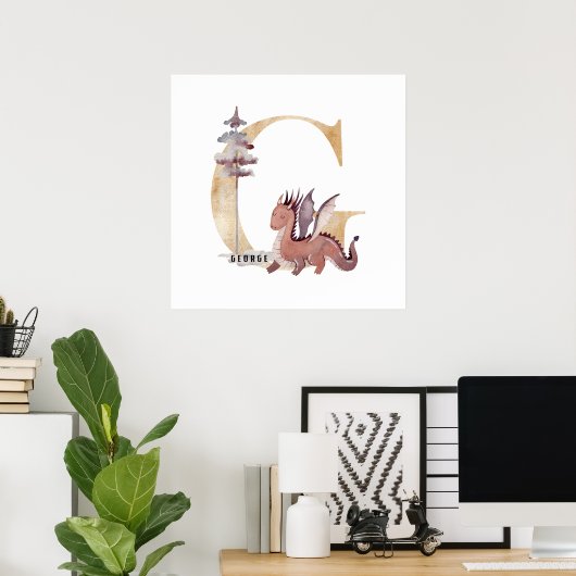 Kinder Dragon Custom Name Monogram G Nursery Room Poster (Thuiskantoor)