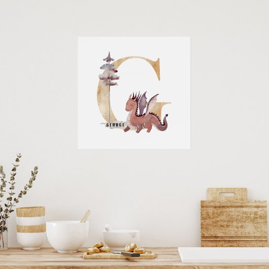 Kinder Dragon Custom Name Monogram G Nursery Room Poster (Keuken)