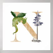 Kinder Dragon Custom Name Monogram N Nursery Room Poster (Voorkant)