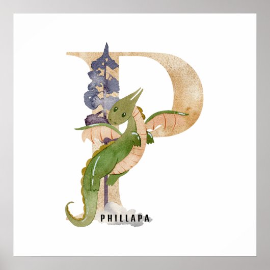 Kinder Dragon Custom Name Monogram P Nursery Room Poster (Voorkant)