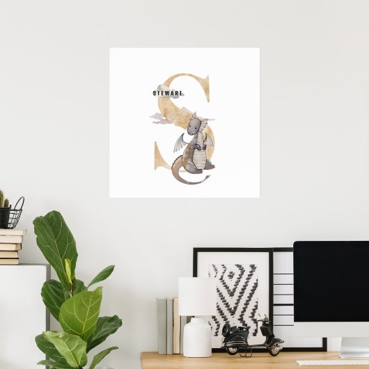 Kinder Dragon Custom Name Monogram S Nursery Room Poster (Thuiskantoor)