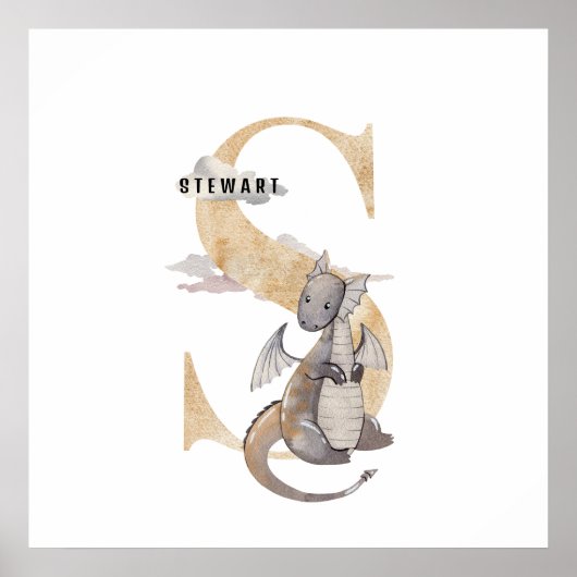 Kinder Dragon Custom Name Monogram S Nursery Room Poster (Voorkant)