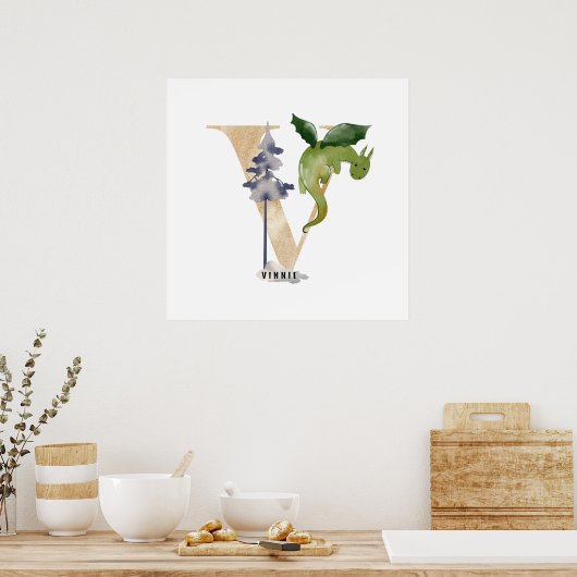 Kinder Dragon Custom Name Monogram V Nursery Room Poster (Keuken)