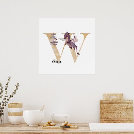Kinder Dragon Custom Name Monogram W Nursery Room Poster (Keuken)
