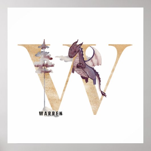 Kinder Dragon Custom Name Monogram W Nursery Room Poster (Voorkant)