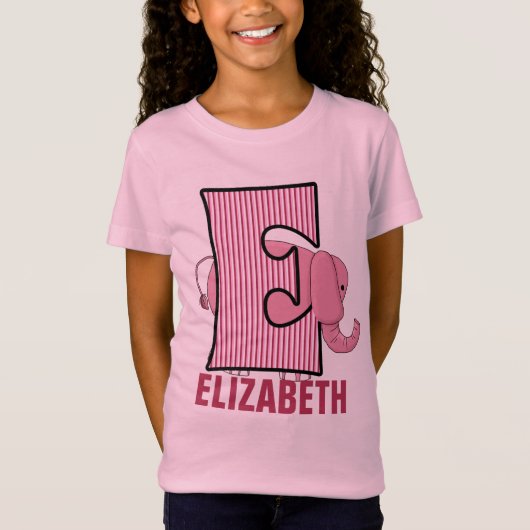 Kinder "E"-monogram | roze olifant | gestreept T-shirt (Voorkant)