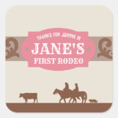 Kinder eerste Rodeo Roze/Bruin Western Verjaardag Vierkante Sticker (Voorkant)
