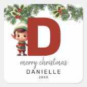Kinder Elf Initiaal D Kerst Vierkante Sticker (Voorkant)