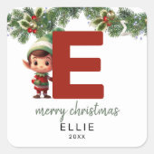 Kinder Elf Initiaal E Kerst Vierkante Sticker (Voorkant)