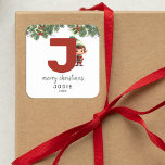 Kinder Elf Initiaal J Christmas Vierkante Sticker<br><div class="desc">Geef deze kerst het geschenk van gepersonaliseerde charme! Onze monogram stickers,  met de elf van de Kerstman die zich achter de letter J verstopt,  zijn een unieke en doordachte manier om je liefde te shows. Personaliseer met een naam,  jaar en een hartelijke groet. Laat uw kerstcadeaus opvallen!</div>