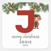 Kinder Elf Initiaal J Christmas Vierkante Sticker (Voorkant)