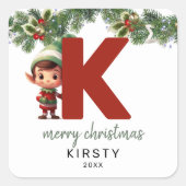 Kinder Elf Initiaal K Kerst Vierkante Sticker (Voorkant)