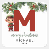 Kinder Elf Initiaal M Kerst Vierkante Sticker (Voorkant)