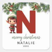 Kinder Elf Initiaal N Kerst Vierkante Sticker (Voorkant)