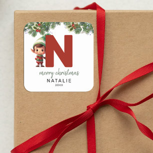 Kinder Elf Initiaal N Kerst Vierkante Sticker