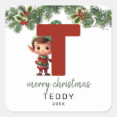Kinder Elf Initiaal T Christmas Vierkante Sticker (Voorkant)