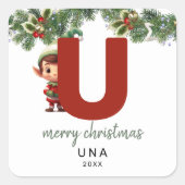 Kinder Elf Initiaal U Kerst Vierkante Sticker (Voorkant)