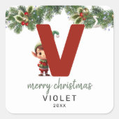 Kinder Elf Initiaal V Christmas Vierkante Sticker (Voorkant)