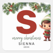 Kinder Elf Initiaal's Christmas Vierkante Sticker (Voorkant)