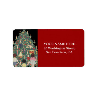 Kinder en kerstboom -  illustratie etiket