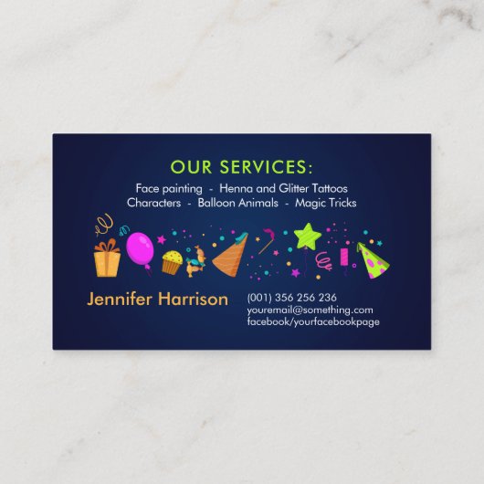 Kinder Event Planner - Kleurrijke grillige Cartoon Visitekaartje (Achterkant)