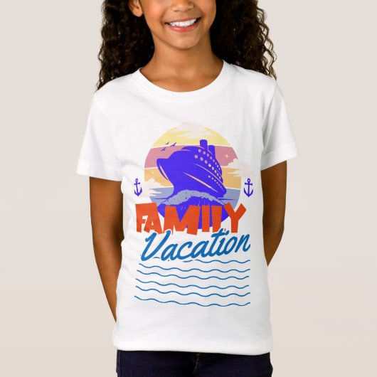 Kinder Familiecruise Blauw/Oranje Vakantie Zonsond T-shirt (Voorkant)