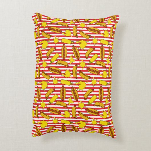 Kinder Fast Food Hot Dogs en Mustard Red Striped Accent Kussen (Achterkant (Verticaal))