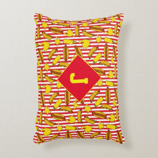 Kinder Fast Food Hot Dogs en Mustard Red Striped Accent Kussen (Voorkant(Verticaal))