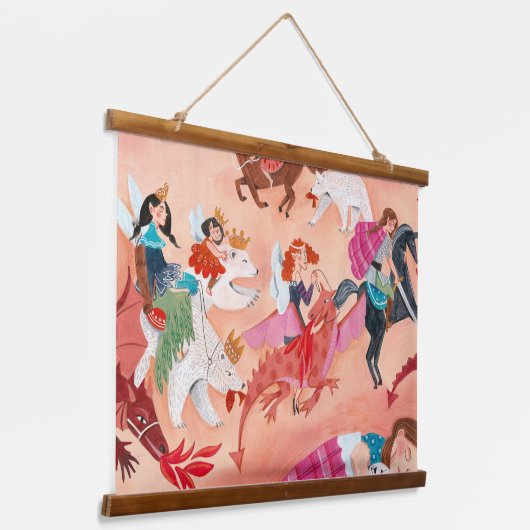 Kinder feeën en drakenroze sprookjesillustratie hangend wandkleed (Gebogen)