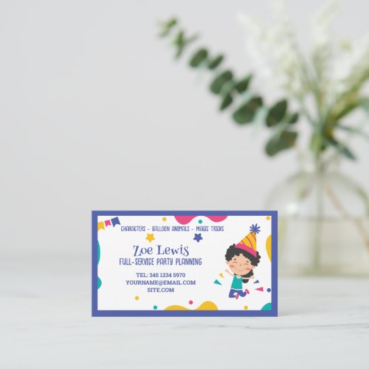 Kinder feestplanner visitekaartje (Staand voorkant)