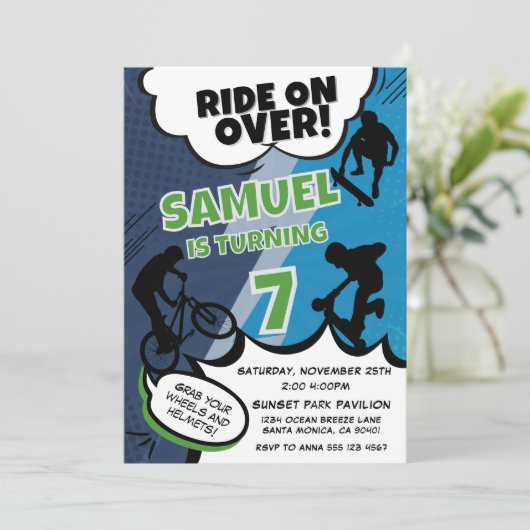Kinder fiets-, skateboard- en scooterverjaardagsfe kaart (Staand voorkant)