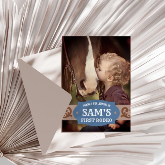 Kinder FIrst Rodeo Blauw/Bruin Western Foto Bedankkaart