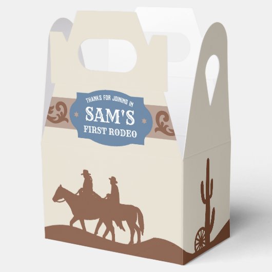 Kinder FIrst Rodeo Blauw/Bruin Western Verjaardags Bedankdoosjes (Geopend)